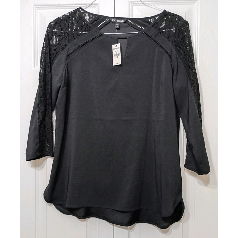 Express Women’s Black Lace Trim Blouse – Size Medium – NWT